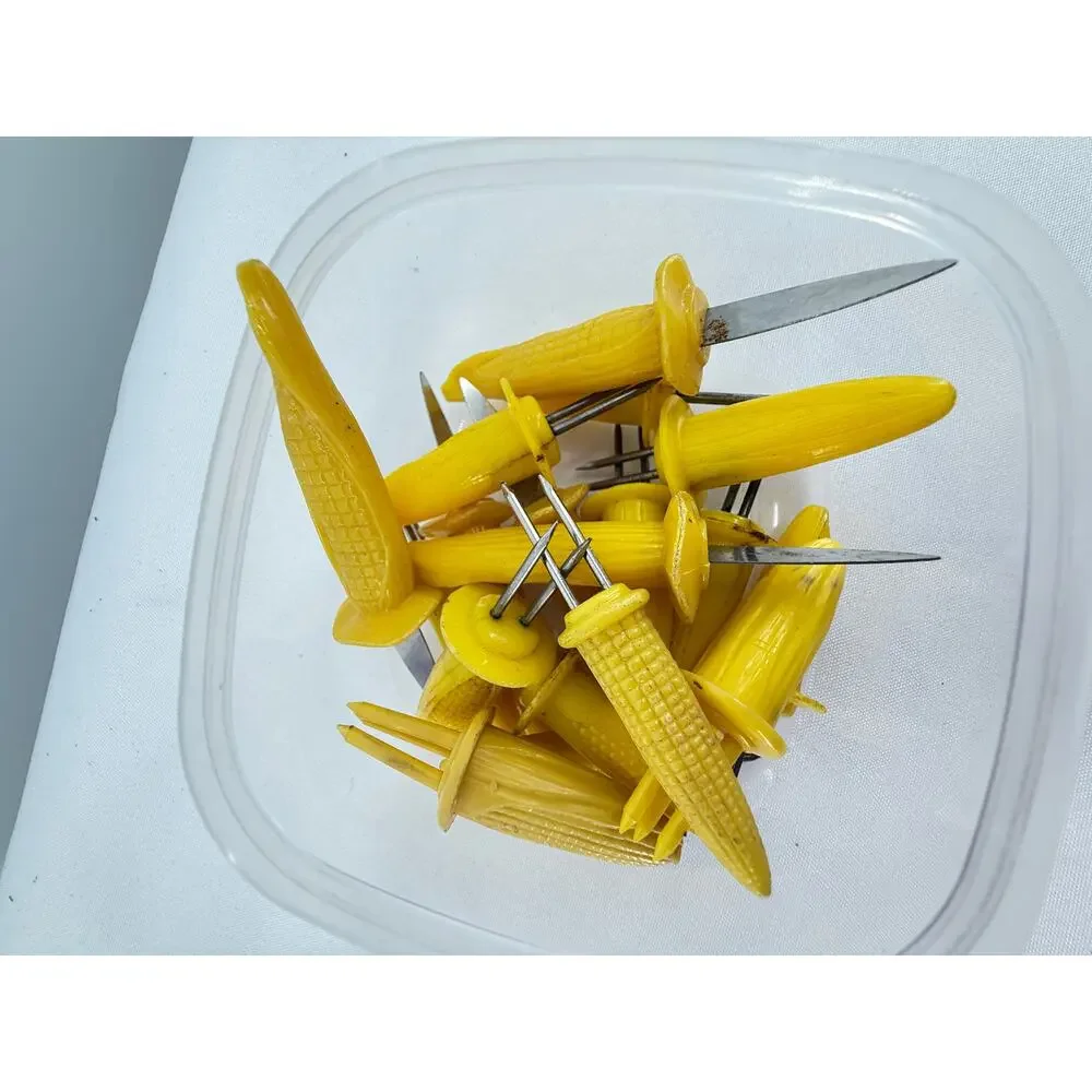 Vintage Corn Cob Holders Picks Knife Set Yellow Plastic BBQ Picnic 18 Piece